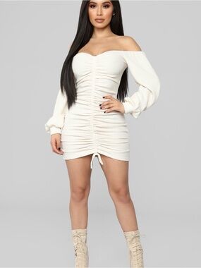 Fashion Nova Baby I’m In Love Off-Shoulder Ruched Mini Dress in Cream
